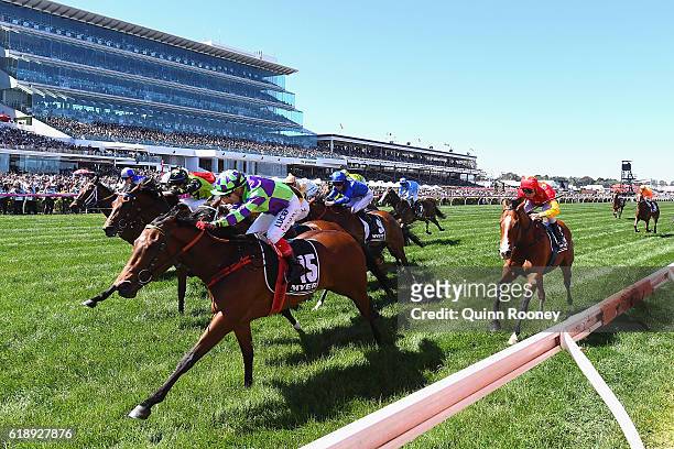 Dean Yendall rides I Am a Star to win race six, the Myer Classic on Derby Day at Flemington Racecourse on October 29, 2016 in Melbourne, Australia.