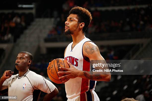 Michael Gbinije of the Detroit Pistons handles the ball against the Orlando Magic on October 28, 2016 at The Palace of Auburn Hills in Auburn Hills,...
