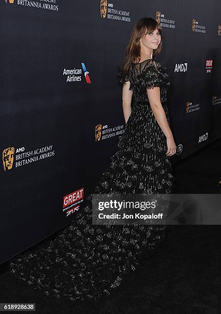 Actress Felicity Jones arrives at the 2016 AMD British Academy Britannia Awards Presented by Jaguar Land Rover And American Airlines at The Beverly...