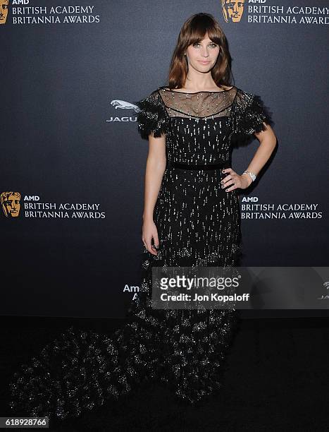 Actress Felicity Jones arrives at the 2016 AMD British Academy Britannia Awards Presented by Jaguar Land Rover And American Airlines at The Beverly...