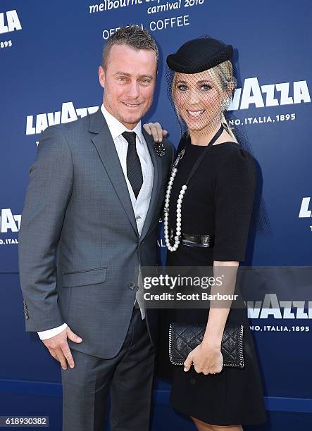 Bec Hewitt and Lleyton Hewitt arrive at the Lavazza Marquee on Derby Day at Flemington Racecourse on October 29, 2016 in Melbourne, Australia.