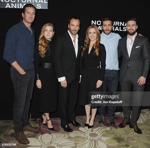 Armie Hammer, Amy Adams, Tom Ford, Isla Fisher, Jake Gyllenhaal and Aaron Taylor-Johnson attend the Photo Call For Focus Features' "Nocturnal...