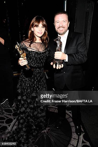 Honorees Felicity Jones , recipient of the British Artist of the Year Award Presented by Burberry, and Ricky Gervais, recipient of the Charlie...