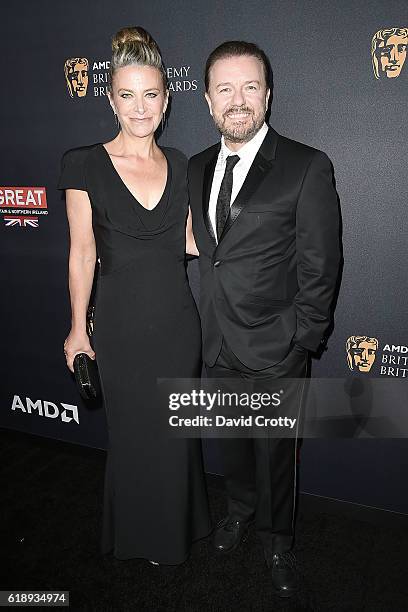 Jane Fallon and Ricky Gervais attend the 2016 AMD British Academy Britannia Awards Presented by Jaguar Land Rover and American Airlines at The...