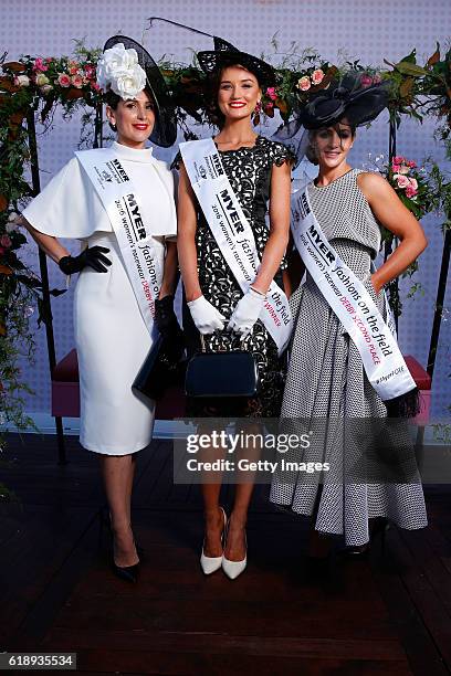 Myer Fashions on the Field Women's Racewear competition winner Gunita Kenina and Runners Up Stacey Hanley and Tanya Lazarou pose in the Myer Fashion...