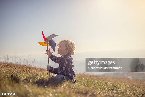 kleiner junge spielt auf der wiese - windrad natur wiese stock-fotos und bilder
