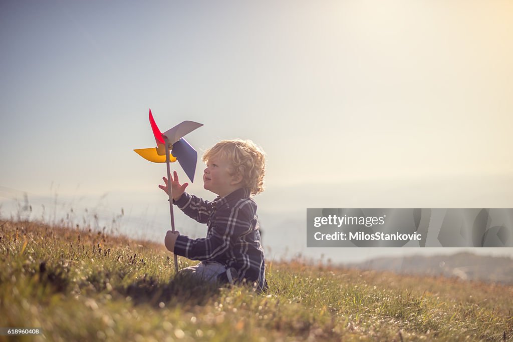 Niño pequeño jugando en el prado