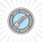Get your flu shot vaccine sign with syringe icon badge