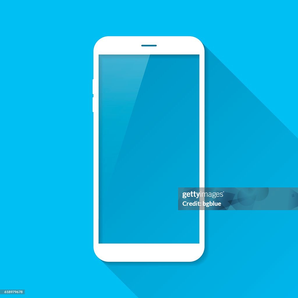 Smartphone, Handy auf blauem Hintergrund, langer Schatten, flaches Design
