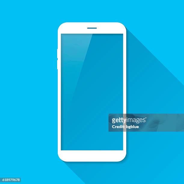 smartphone, mobile phone on blue background, long shadow, flat design - flat design stock illustrations