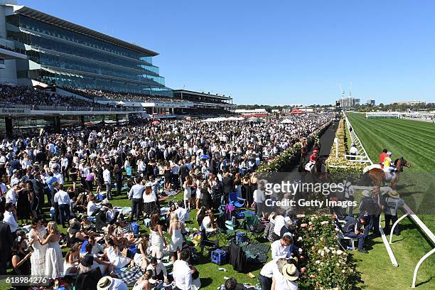 Glyn Schofield riding Prized Icon walks out onto track before winning Race 7, AAMi Victoria Derby on Derby Day at Flemington Racecourse on October...