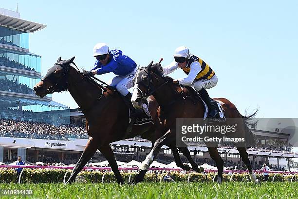 Kerrin McEvoy rides Oceanographer to win race four, the Lexus Stakes on Derby Day at Flemington Racecourse on October 29, 2016 in Melbourne,...
