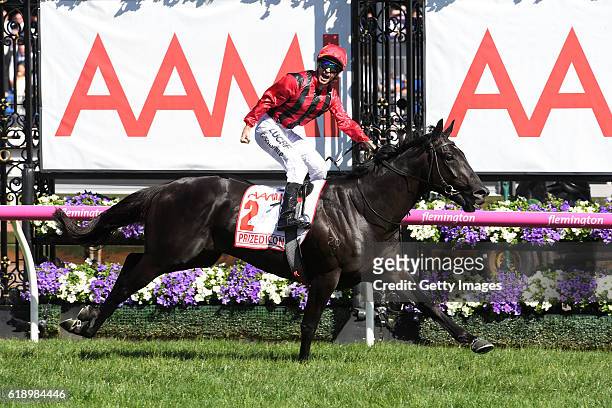 Glyn Schofield riding Prized Icon wins Race 7, AAMi Victoria Derby on Derby Day at Flemington Racecourse on October 29, 2016 in Melbourne, Australia.