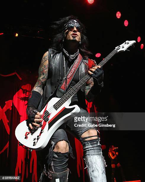 Bassist Nikki Sixx of Sixx:A.M. Performs at T-Mobile Arena on October 28, 2016 in Las Vegas, Nevada.