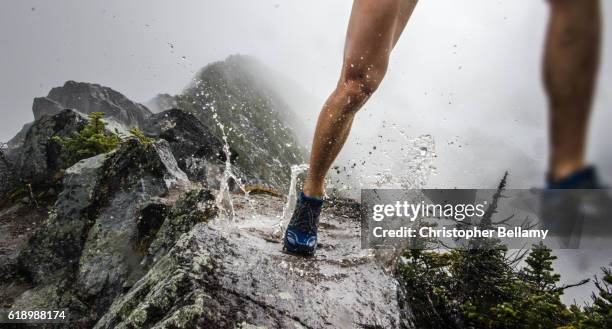 running on mountain ridge in puddle - クロスカントリー競技 ストックフォトと画像