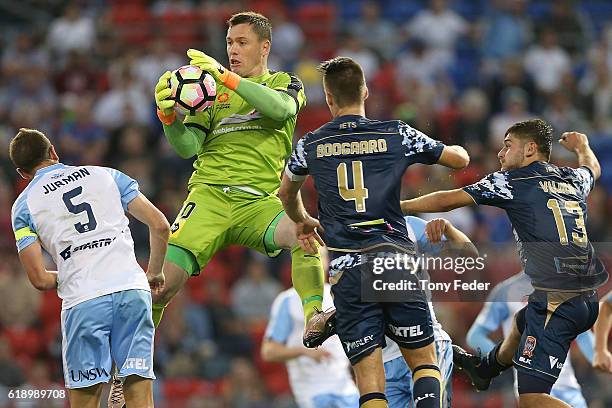 Daniel Vukovic of Sydney FC catches the ball during the round four A-League match between the Newcastle jets and Sydney FC at McDonald Jones Stadium...