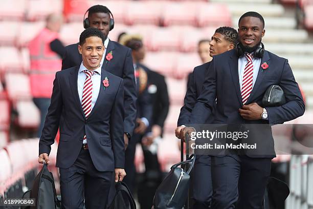 Steven Pienaar and Victor Anichebe of Sunderland are seen on arrival at the stadium prior to the Premier League match between Sunderland and Arsenal...