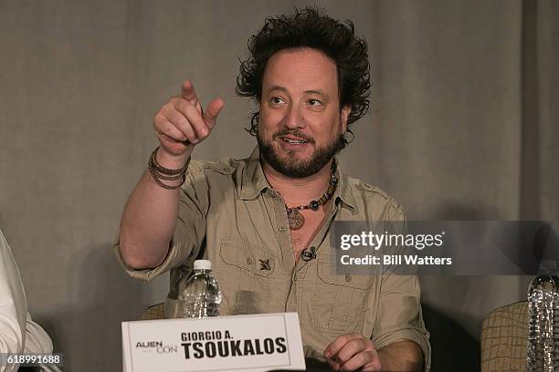 Producer and TV Personality Giorgio Tsoukalos speaks on the Ancient Aliens spotlight panel during Alien Con at the Santa Clara Convention Center on...