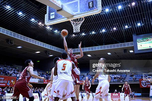 Ryan Spangler of the Kawasaki Brave Thunders shoots during the B. League match between Toshiba Kawasaki Brave Thunders and SAN-EN NeoPhoenix at the...