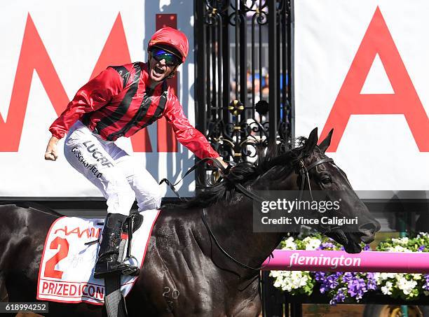 Glyn Schofield riding Prized Icon wins Race 7, AAMi Victoria Derby on Derby Day at Flemington Racecourse on October 29, 2016 in Melbourne, Australia.