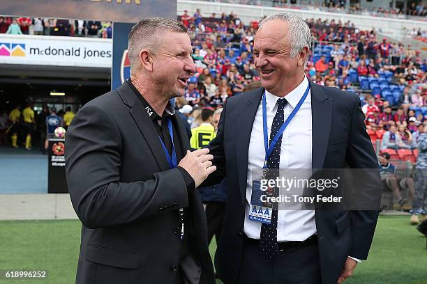 Mark Jones coach of the Jets and Graham Arnold coach of Sydney FC during the round four A-League match between the Newcastle jets and Sydney FC at...