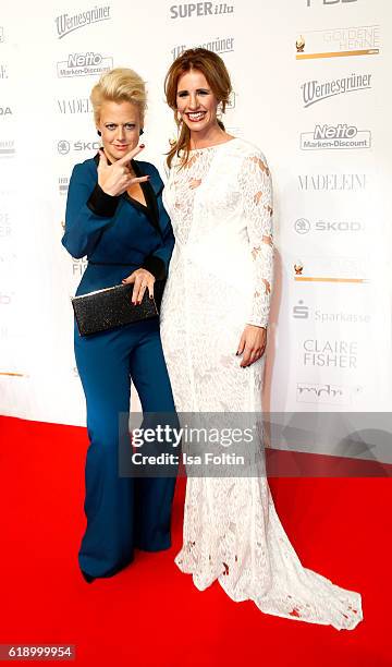 German moderator Barbara Schoeneberger and german moderator Mareile Hoeppner attend the Goldene Henne on October 28, 2016 in Leipzig, Germany.