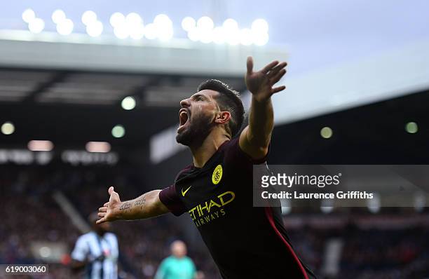 Sergio Aguero of Manchester City celebrates scoring the opening goal during the Premier League match between West Bromwich Albion and Manchester City...