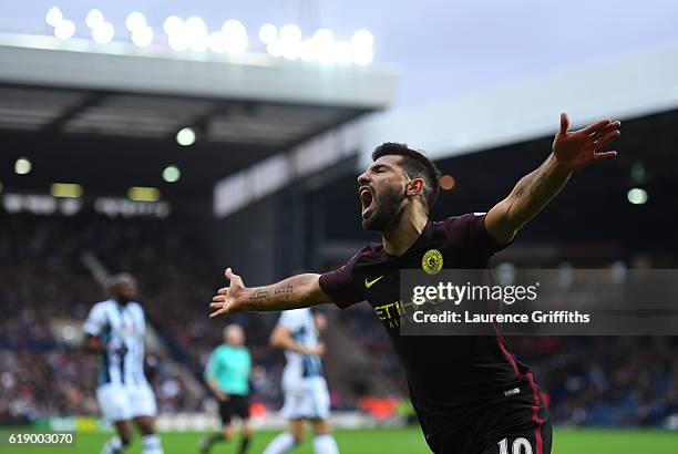 Sergio Aguero of Manchester City celebrates scoring the opening goal during the Premier League match between West Bromwich Albion and Manchester City...