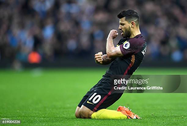 Sergio Aguero of Manchester City celebrates scoring his team's second goal during the Premier League match between West Bromwich Albion and...
