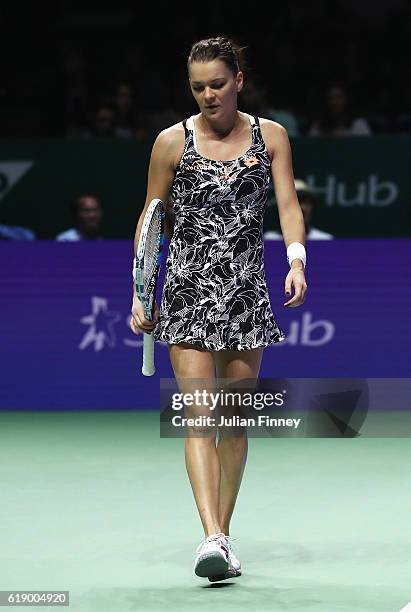 Agnieszka Radwanska of Poland looks dejected in her singles semi-final match against Angelique Kerber of Germany during day 7 of the BNP Paribas WTA...