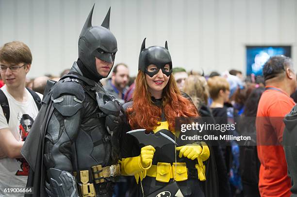 The Btman and Batgirl arrive on day 2 of the MCM London Comic Con at ExCel on October 29, 2016 in London, England.