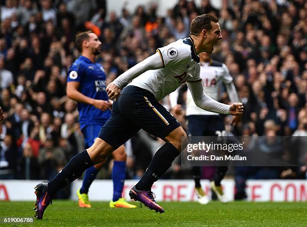 Vincent Janssen of Tottenham Hotspur celebrates scoring his sides first goal during the Premier League match between Tottenham Hotspur and Leicester...