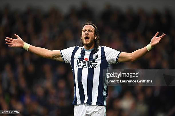 Jonas Olsson of West Bromwich Albion reacts during the Premier League match between West Bromwich Albion and Manchester City at The Hawthorns on...