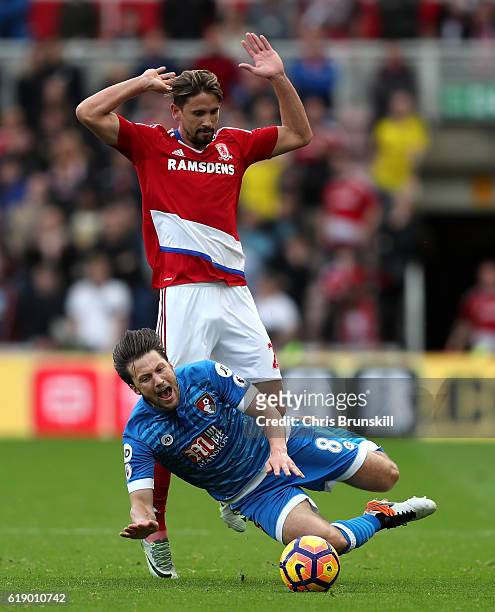 Harry Arter of AFC Bournemouth is challenged by Gaston Ramirez of Middlesbrough during the Premier League match between Middlesbrough and AFC...