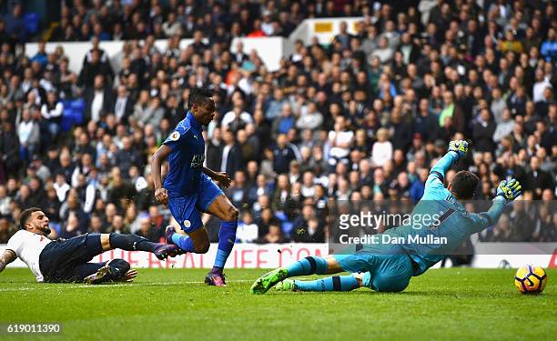 Ahmed Musa of Leicester City scores his team's first goal during the Premier League match between Tottenham Hotspur and Leicester City at White Hart...
