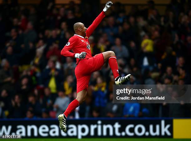 Heurelho Gomes of Watford celebrates his side first goal during the Premier League match between Watford and Hull City at Vicarage Road on October...