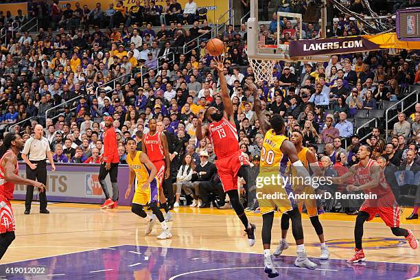 James Harden of the Houston Rockets drives to the basket against the Los Angeles Lakers on October 26, 2016 at STAPLES Center in Los Angeles,...