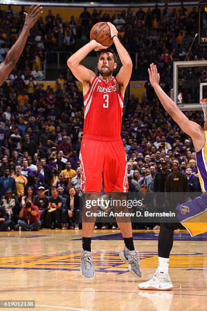 Ryan Anderson of the Houston Rockets shoots the ball against the Los Angeles Lakers on October 26, 2016 at STAPLES Center in Los Angeles, California....