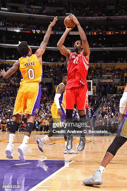 Nene Hilario of the Houston Rockets shoots the ball against the Los Angeles Lakers on October 26, 2016 at STAPLES Center in Los Angeles, California....