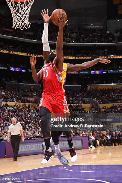 James Harden of the Houston Rockets drives to the basket against the Los Angeles Lakers on October 26, 2016 at STAPLES Center in Los Angeles,...