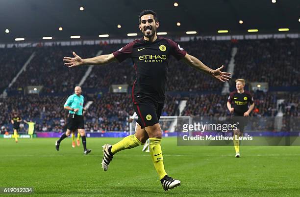 Ilkay Gundogan of Manchester City celebrates scoring his team's third goal during the Premier League match between West Bromwich Albion and...