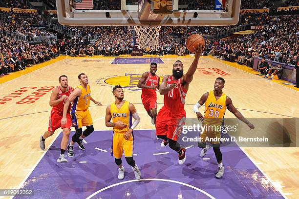 James Harden of the Houston Rockets drives to the basket against the Los Angeles Lakers on October 26, 2016 at STAPLES Center in Los Angeles,...