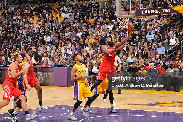 James Harden of the Houston Rockets drives to the basket against the Los Angeles Lakers on October 26, 2016 at STAPLES Center in Los Angeles,...