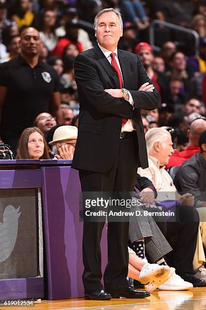 Mike D'Antoni of the Houston Rockets coaches against the Los Angeles Lakers on October 26, 2016 at STAPLES Center in Los Angeles, California. NOTE TO...