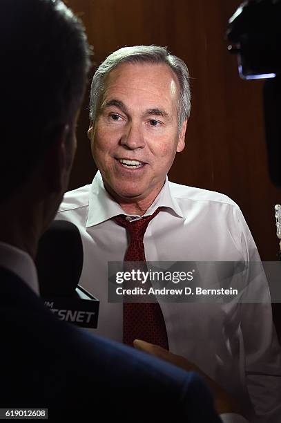 Mike D'Antoni of the Houston Rockets talks to the media after the game against the Los Angeles Lakers on October 26, 2016 at STAPLES Center in Los...