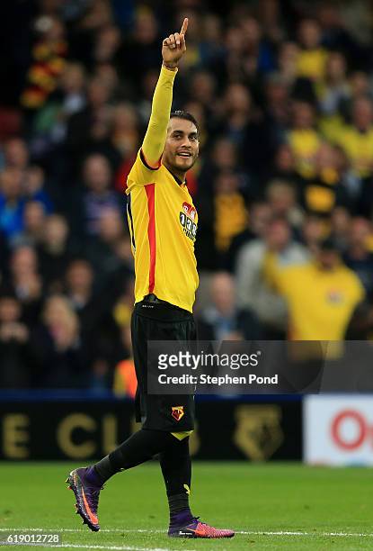 Roberto Pereyra of Watford celebrates his sides first goal during the Premier League match between Watford and Hull City at Vicarage Road on October...
