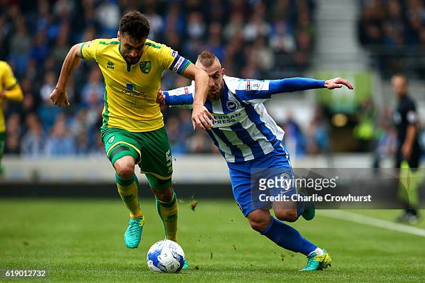 Jiri Skalak of Brighton battles for the ball with Russell Martin of Norwich during the Sky Bet Championship match between Brighton & Hove Albion and...