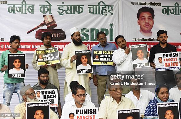 Members of SDPI stage a huge protest to demand justice for JNU’s missing student Najeeb Ahmad at Jantar Mantar, on October 28, 2016 in New Delhi,...
