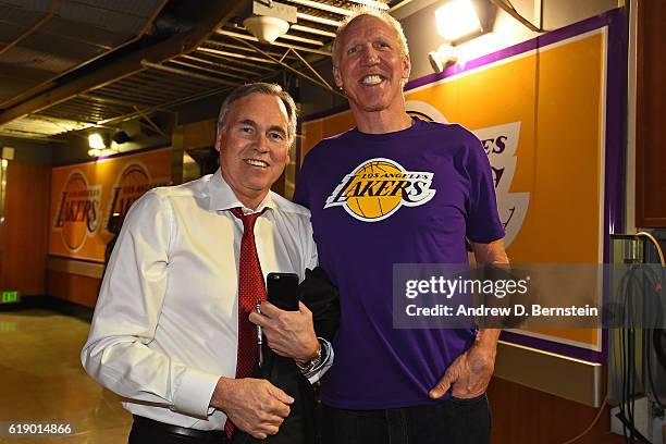 Former NBA player, Bill Walton and Mike D'Antoni of the Houston Rockets pose for a photo before the game against the Los Angeles Lakers on October...