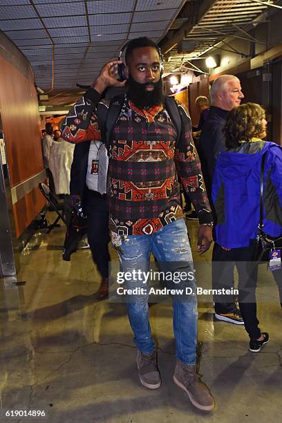 James Harden of the Houston Rockets arrives at the arena before the game against the Los Angeles Lakers on October 26, 2016 at STAPLES Center in Los...